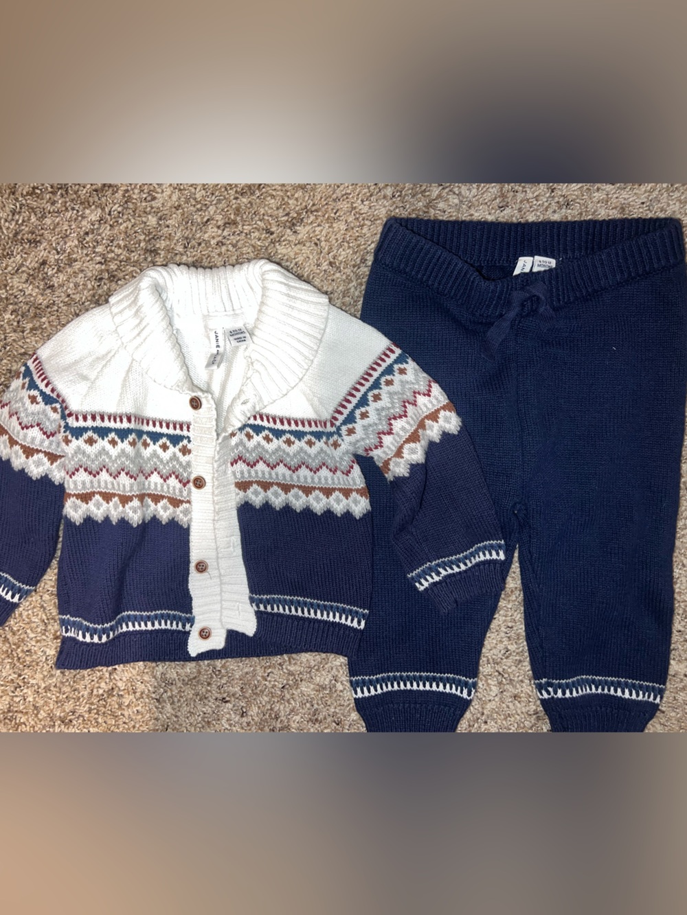 Janie and Jack Navy, Cream & Brown Fair Isle Cardigan Set